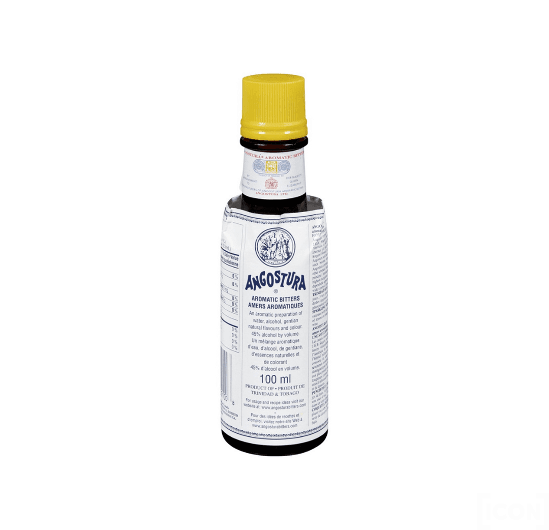 Angostura Aromatic Bitters : Instantly recognizable by its oversized label and distinctive yellow cap, iconic features behind the bar — a concentrated infusion of spices and botanicals, revered for balancing and elevating classic cocktails like the Old Fashioned and Manhattan.