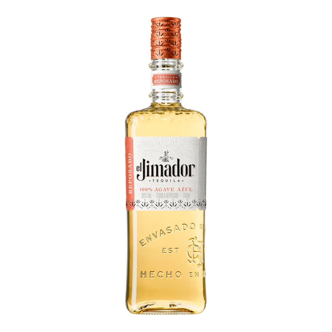 El Jimador Reposado Tequila : Tequila 100 % agave Blue Weber vieillie en fûts de chêne pendant environ deux mois, offrant un profil doux et équilibré mêlant agave cuit, vanille légère et notes boisées, idéale aussi bien en dégustation pure qu’en cocktails.