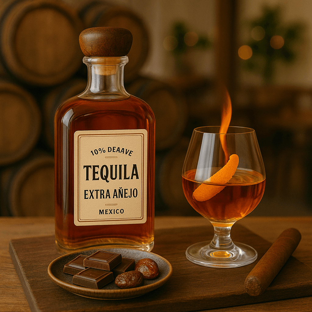 Tequila Extra AƱejo : Aged over 3 years. Deep, woody, with notes of tobacco and caramel.